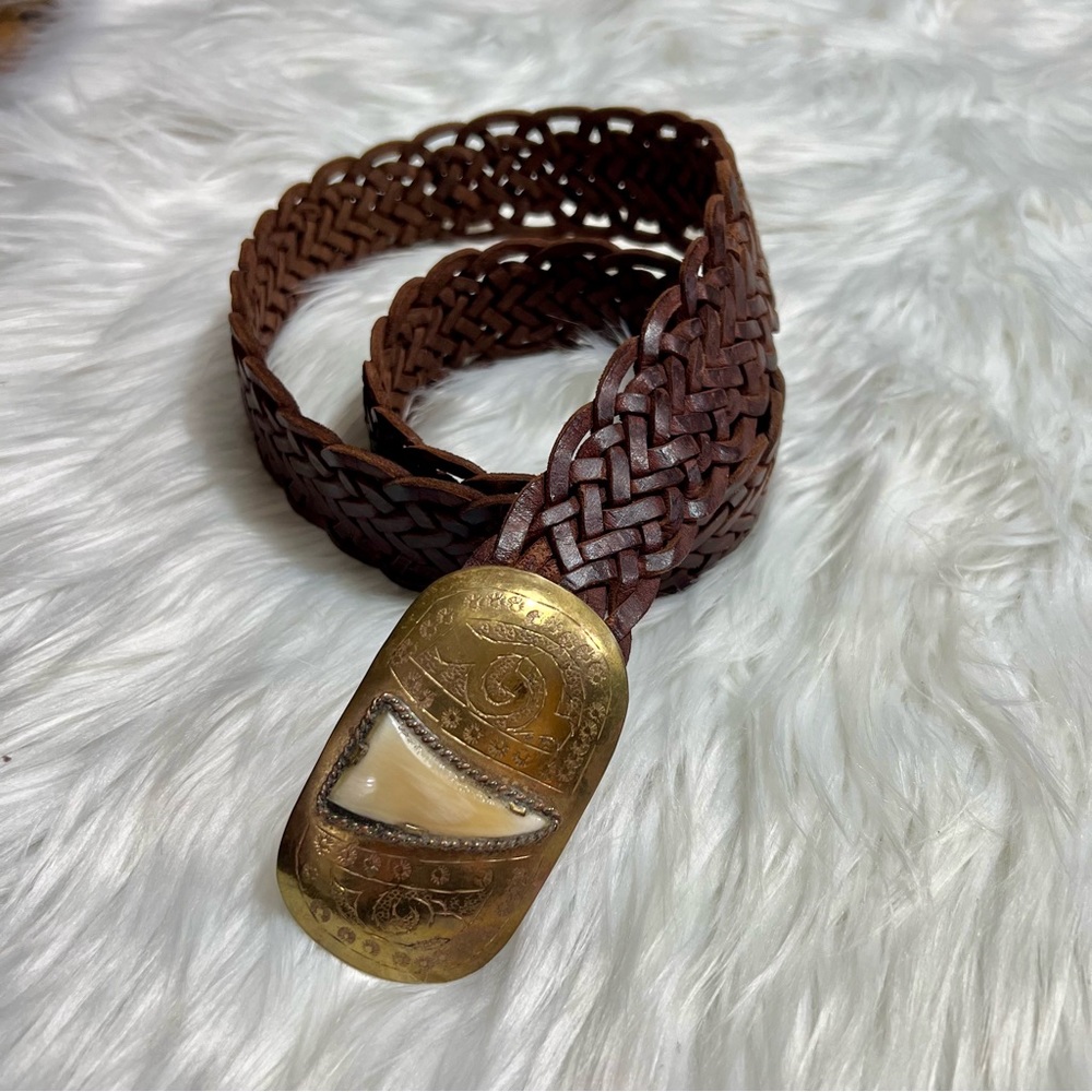 Chico’s 100% Genuine Leather Braided Belt w/ Ornate Brass Buckle - Picture 1 of 3
